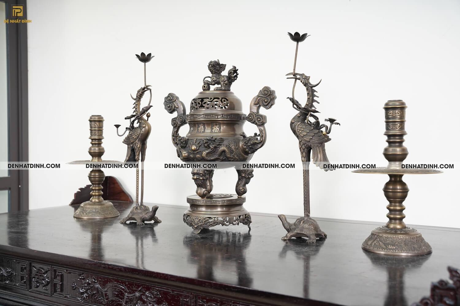 Bộ đỉnh đồng hun giả cổ Ngũ sự Song Long mẫu 3 Cao từ 40cm - 75cm - Ảnh 3