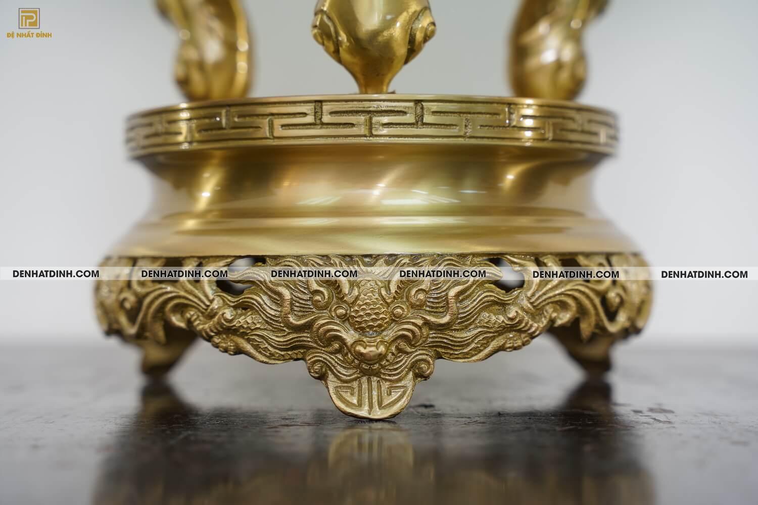 Bộ đỉnh đồng Tam sự Song long đỉnh cao 57cm, nến hoa văn cao 47cm màu vàng mộc - Ảnh 12