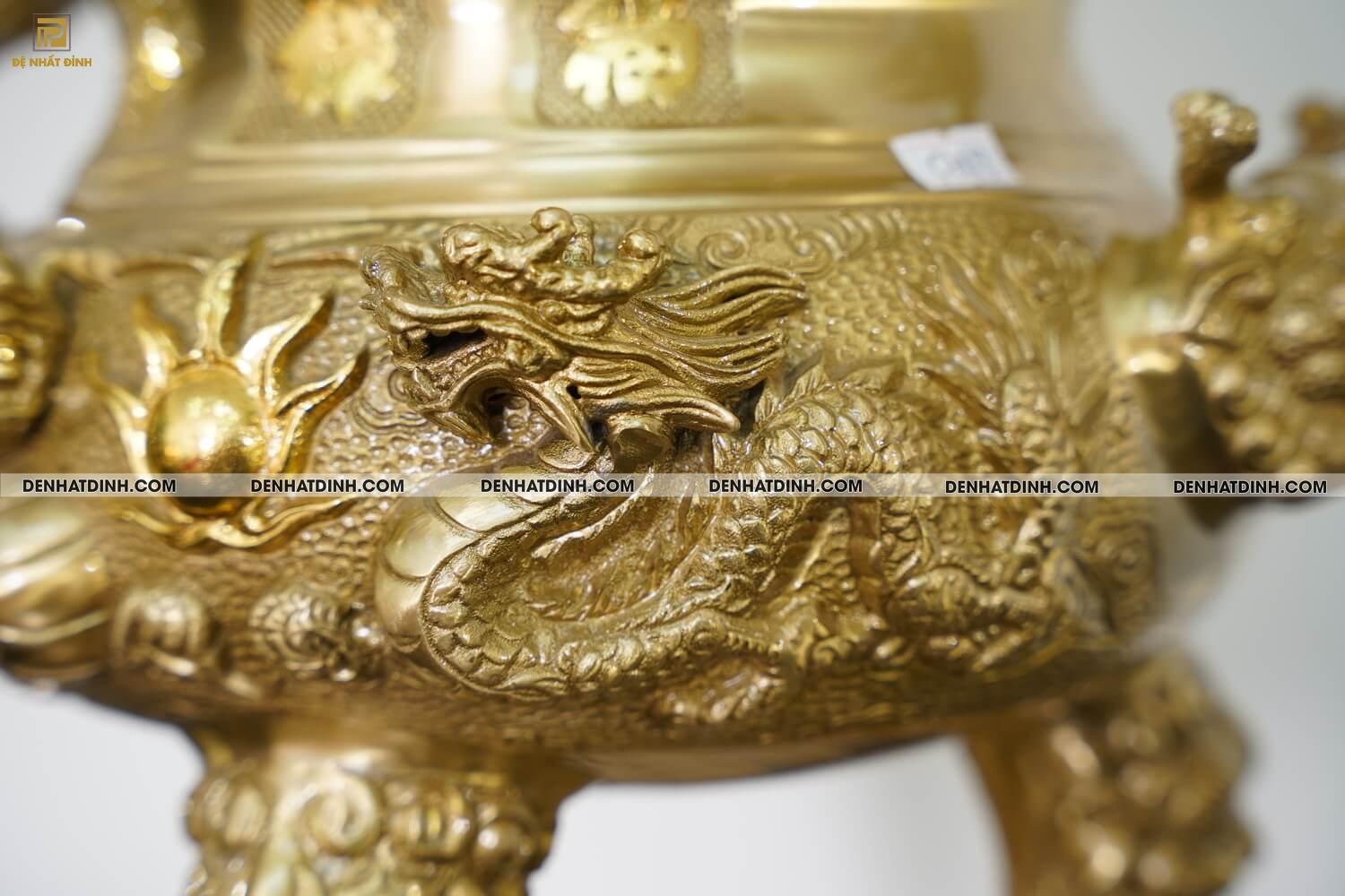 Bộ đỉnh đồng Tam sự Song long đỉnh cao 57cm, nến hoa văn cao 47cm màu vàng mộc - Ảnh 9