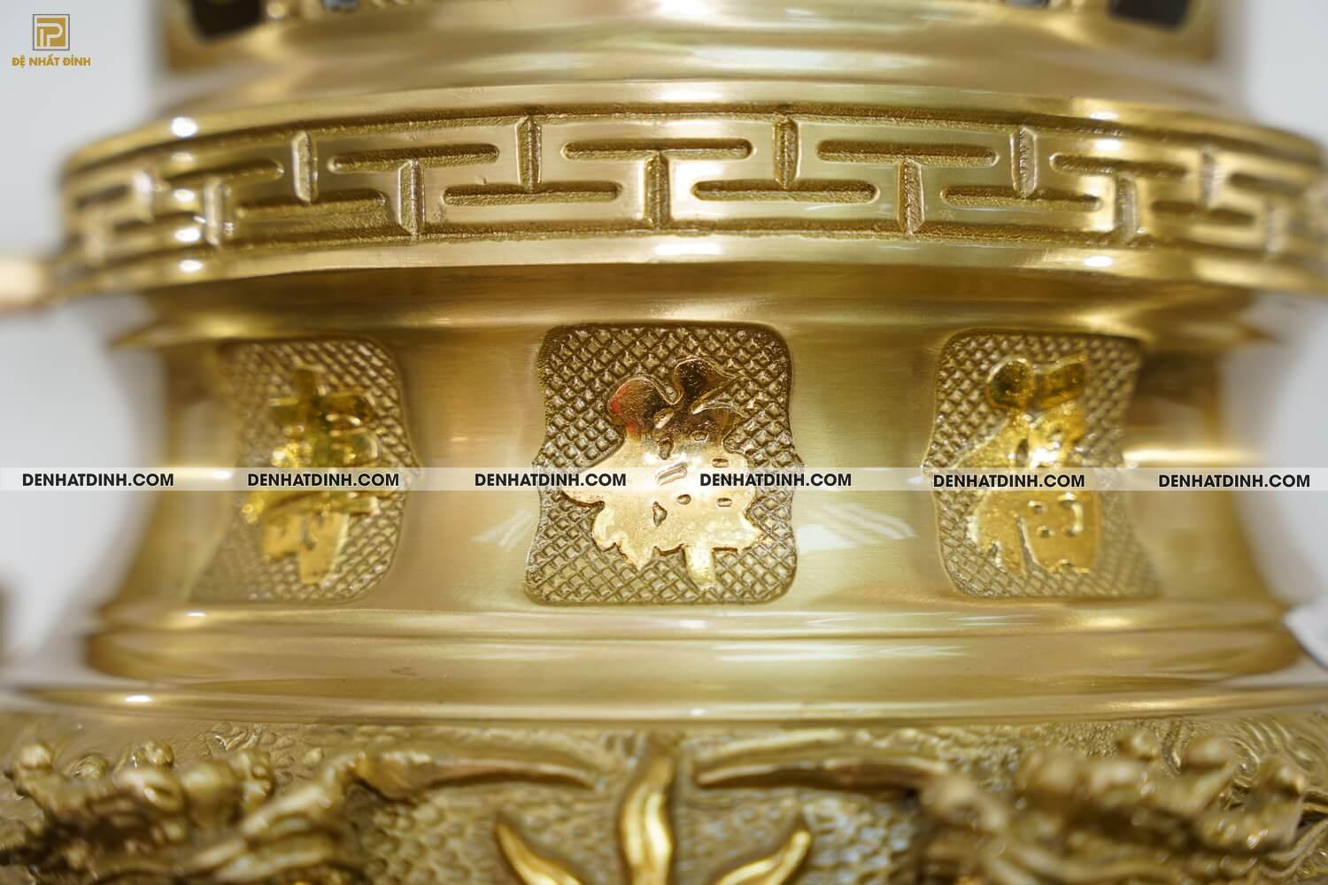 Bộ đỉnh đồng Tam sự Song long đỉnh cao 57cm, nến hoa văn cao 47cm màu vàng mộc - Ảnh 8