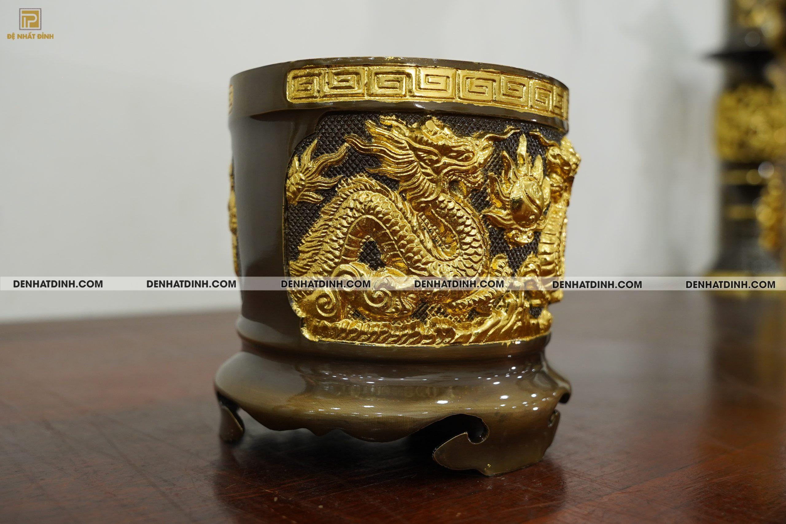 Bát hương đường kính 16cm nặng 1.8kg bằng đồng Catut dát vàng điểm - Ảnh 3
