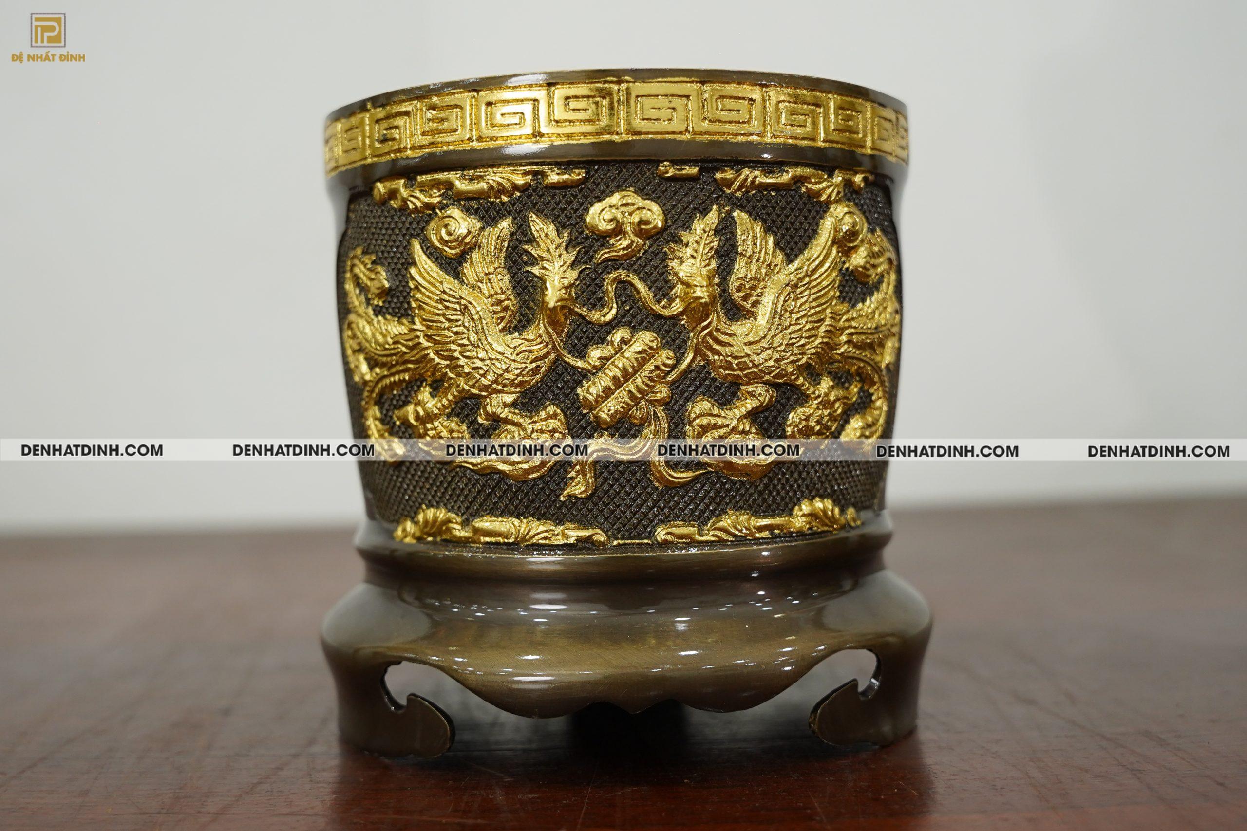 Bát hương đường kính 16cm nặng 1.8kg bằng đồng Catut dát vàng điểm - Ảnh 2