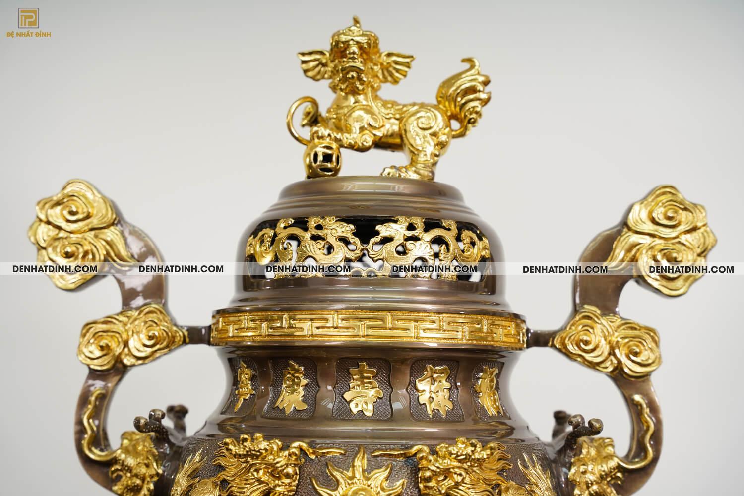 Bộ đỉnh thờ bằng đồng Ngũ sự Song Long dát vàng điểm 24k - Ảnh 3