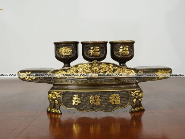 Khay chén 3 thờ bằng đồng dát vàng điểm