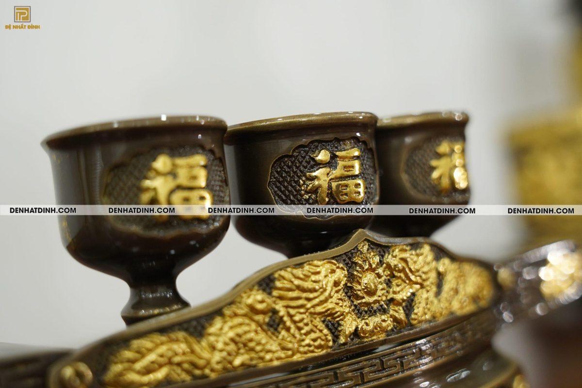Khay chén 3 thờ bằng đồng dát vàng điểm - Ảnh 2