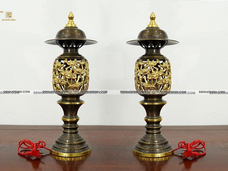 Đèn điện thờ bằng đồng dát vàng điểm kích thước cao từ 42cm 44cm 52cm 57cm