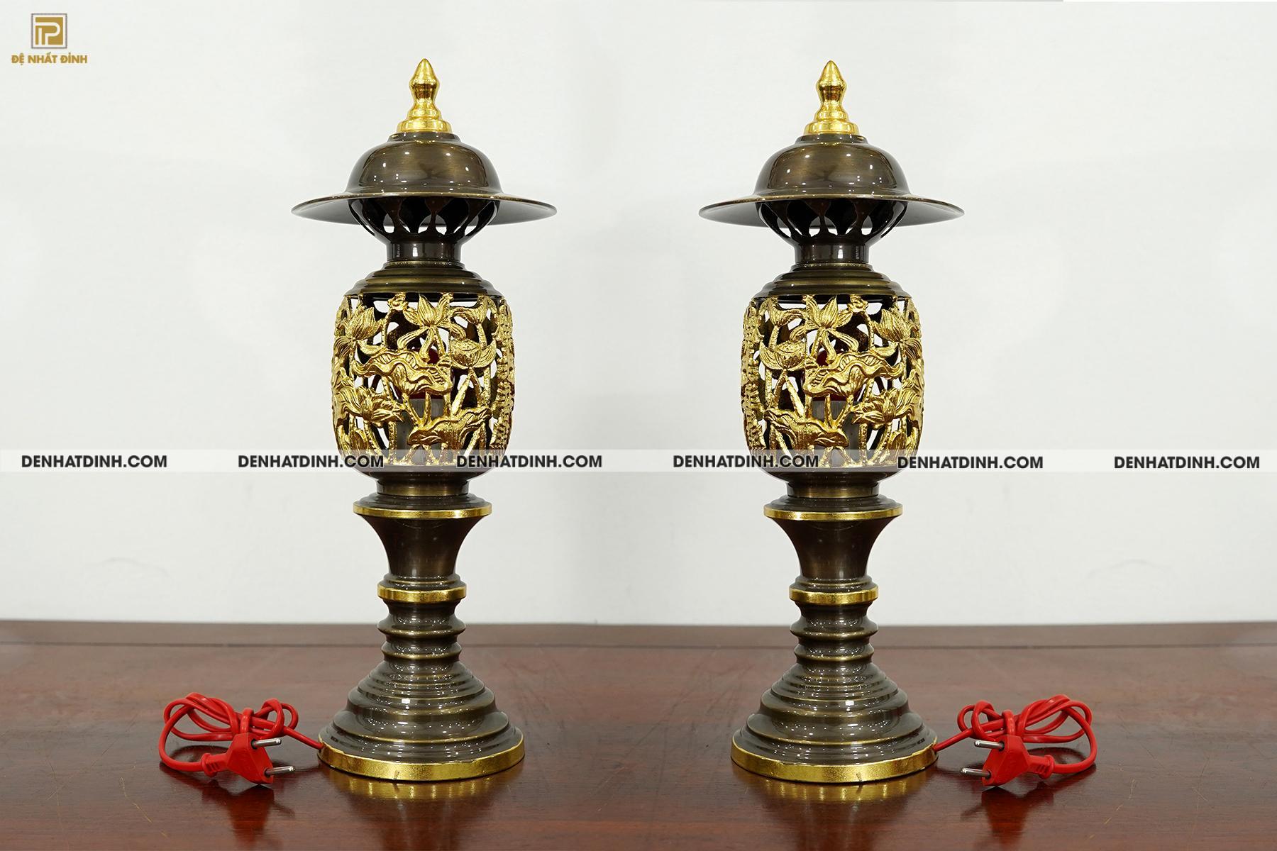 Đèn điện thờ bằng đồng dát vàng điểm kích thước cao từ 42cm 44cm 52cm 57cm