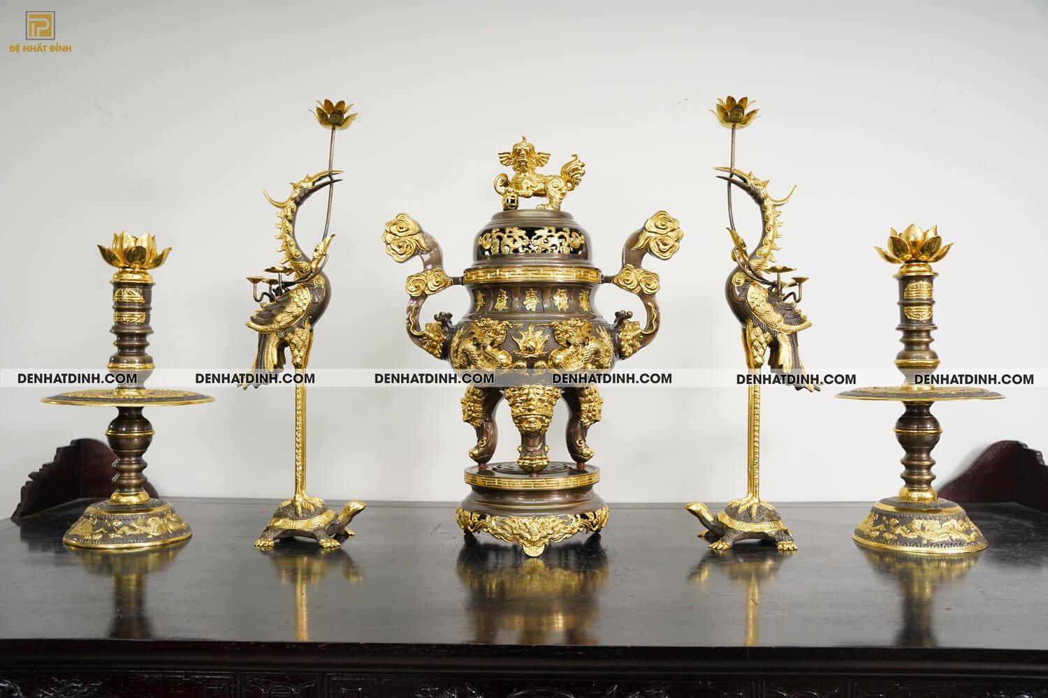 Bộ đỉnh thờ bằng đồng Ngũ sự Song Long dát vàng điểm 24k