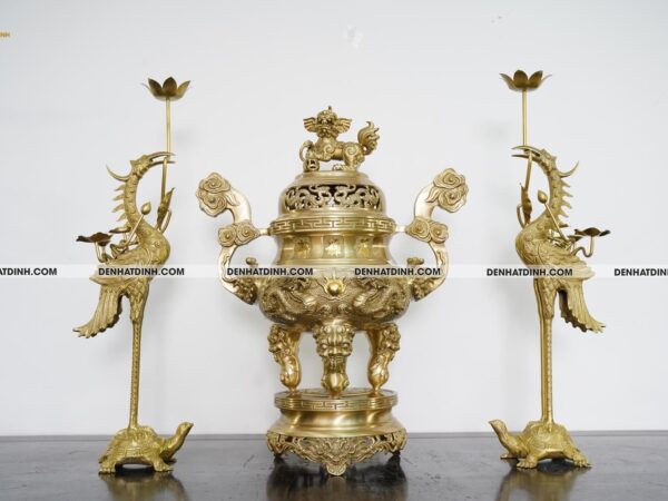 Bộ đỉnh đồng Tam sự Song long đỉnh cao 57cm, hạc cao 62 màu vàng mộc - TSHR079