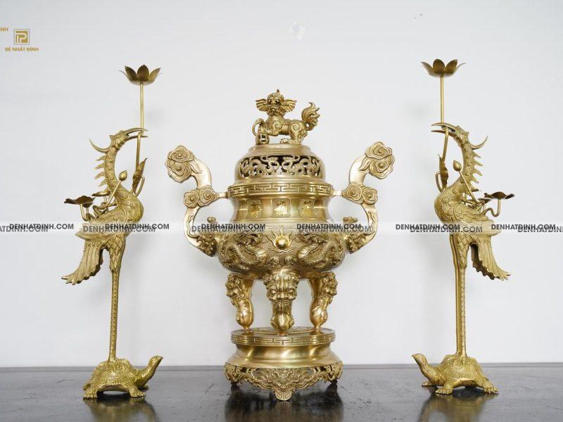 Bộ đỉnh đồng Tam sự Song long đỉnh cao 57cm, hạc cao 62 màu vàng mộc - TSHR079