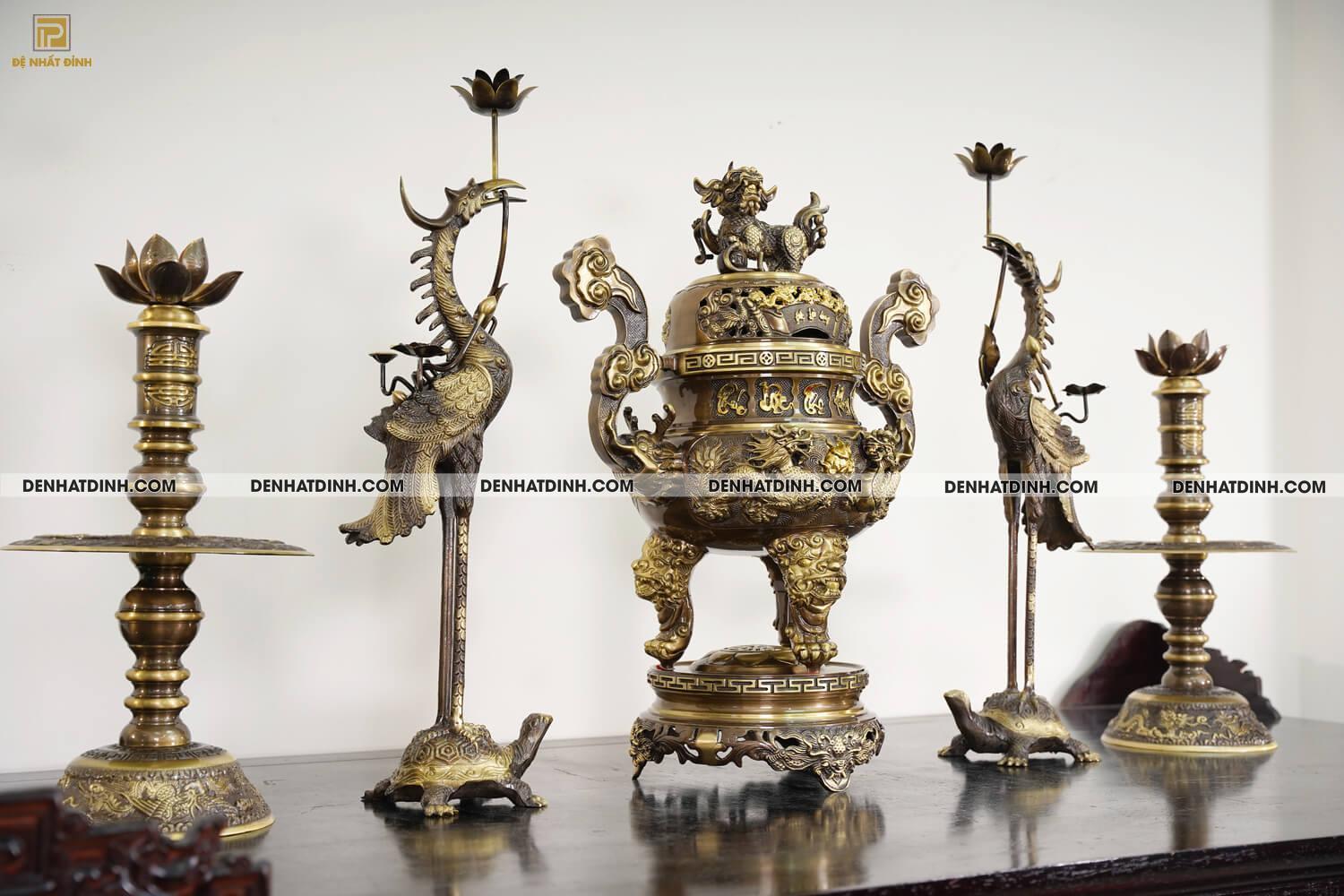 Bộ Ngũ Sự Họa Tiết Song Long Chầu Nguyệt & Nắp Cuốn Thư Cao 57cm - 65cm - Ảnh 3