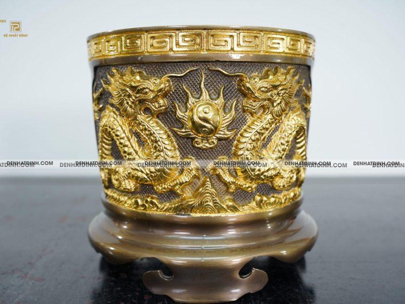 Bát Hương Bằng Đồng Đúc Nổi Song Long – Dát vàng điểm đường kính 18cm