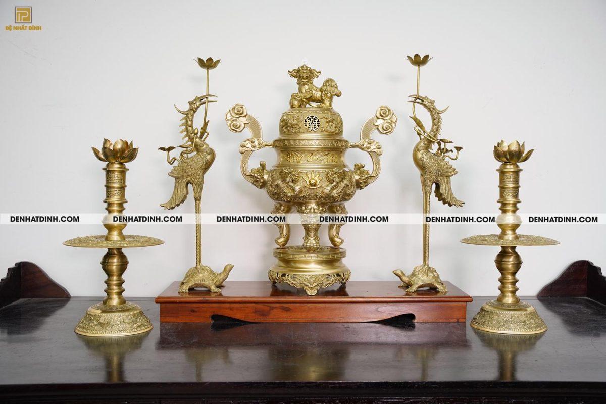 Bộ đỉnh đồng ngũ sự Song Long Tứ Linh Phụng Gia Tiên 65cm - Màu đồng Catut