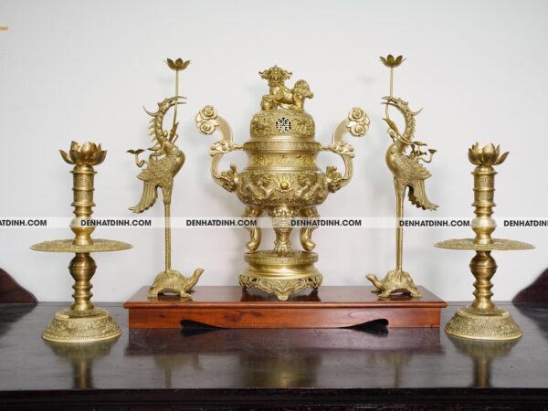 Bộ đỉnh đồng ngũ sự Song Long Tứ Linh Phụng Gia Tiên 65cm - Màu đồng Catut