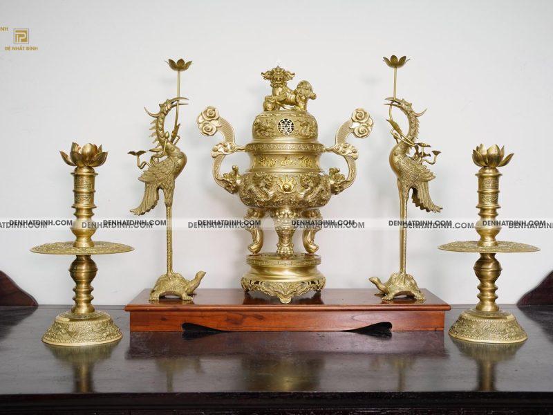 Bộ đỉnh đồng ngũ sự Song Long Tứ Linh Phụng Gia Tiên 65cm - Màu đồng Catut