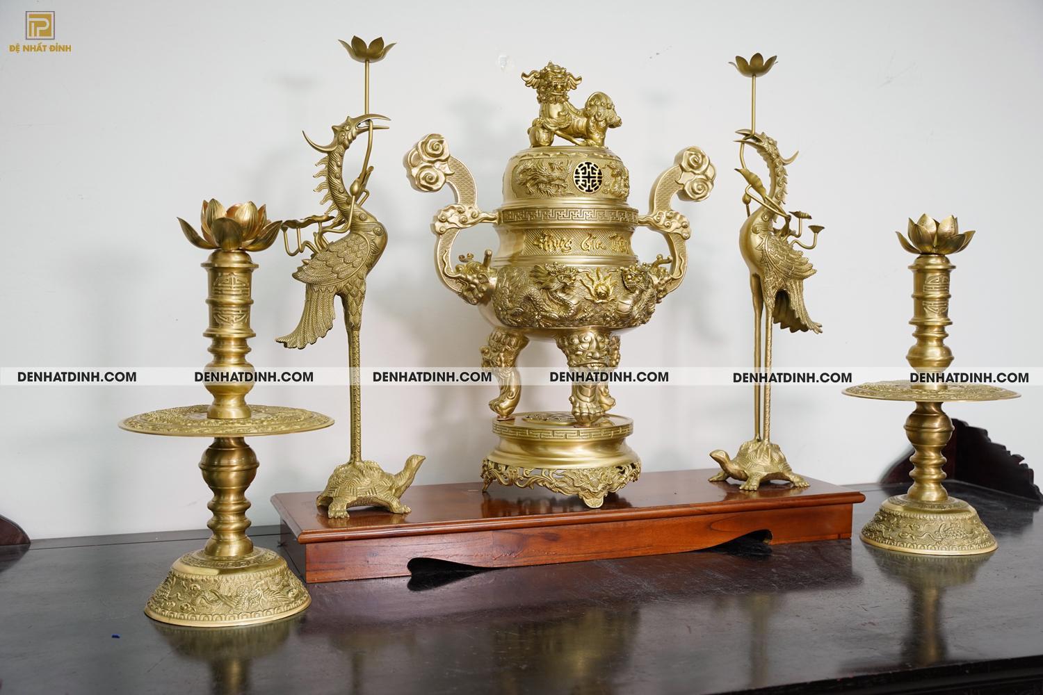 Bộ đỉnh đồng ngũ sự Song Long Tứ Linh Phụng Gia Tiên 65cm - Màu đồng Catut - Ảnh 2