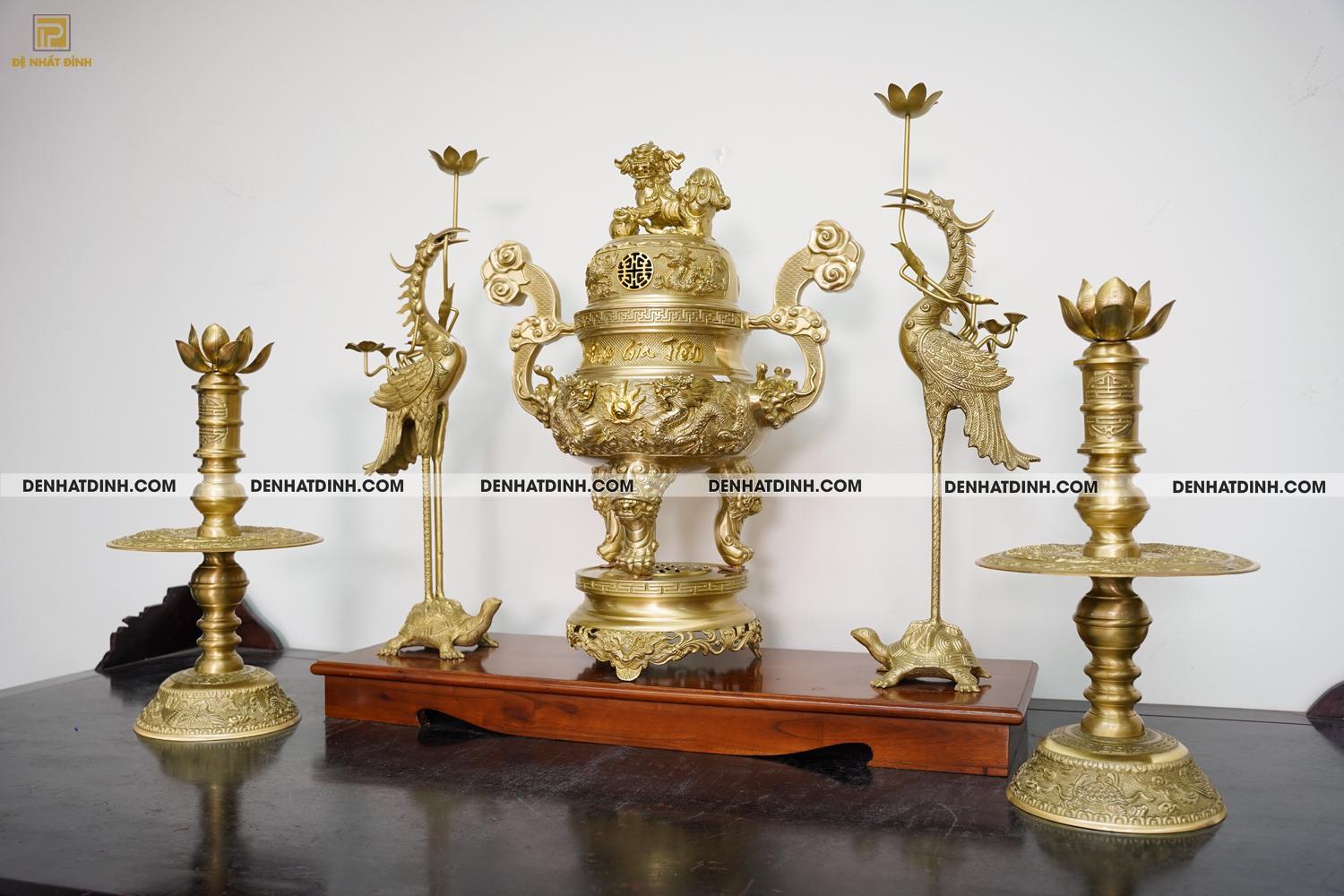 Bộ đỉnh đồng ngũ sự Song Long Tứ Linh Phụng Gia Tiên 65cm - Màu đồng Catut - Ảnh 3