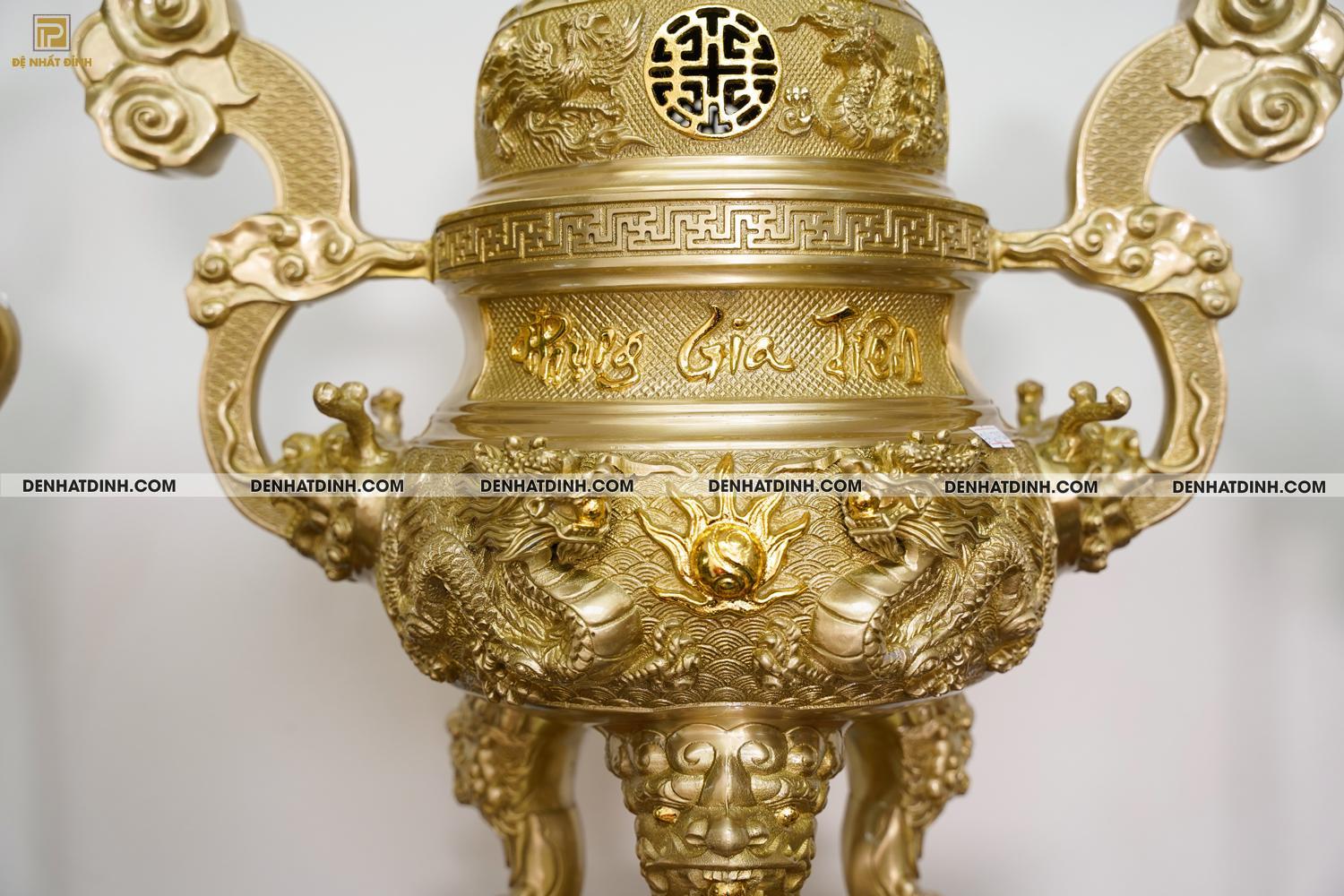 Bộ đỉnh đồng ngũ sự Song Long Tứ Linh Phụng Gia Tiên 65cm - Màu đồng Catut - Ảnh 6