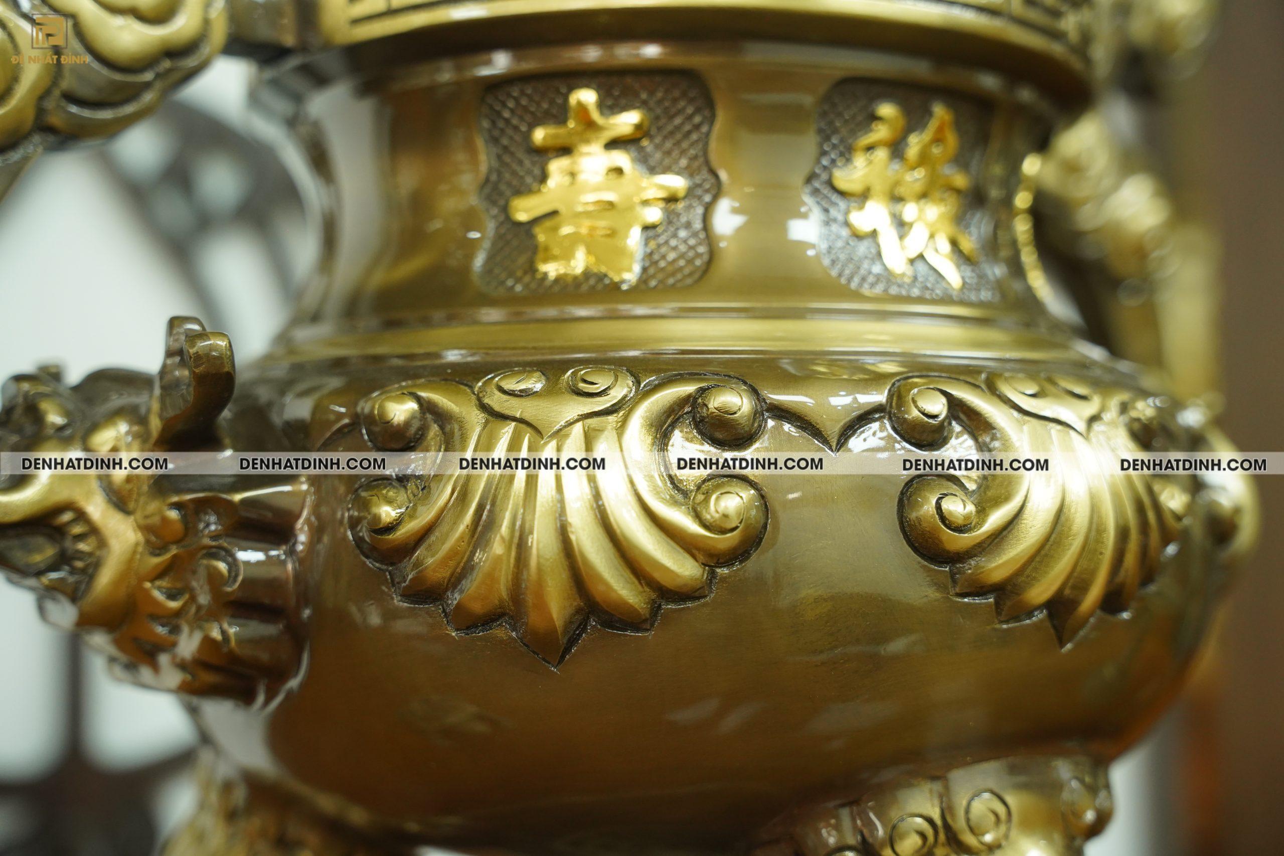 Bộ đỉnh đồng Ngũ sự Hoa Sòi màu hun cổ đủ kích thước - Ảnh 2