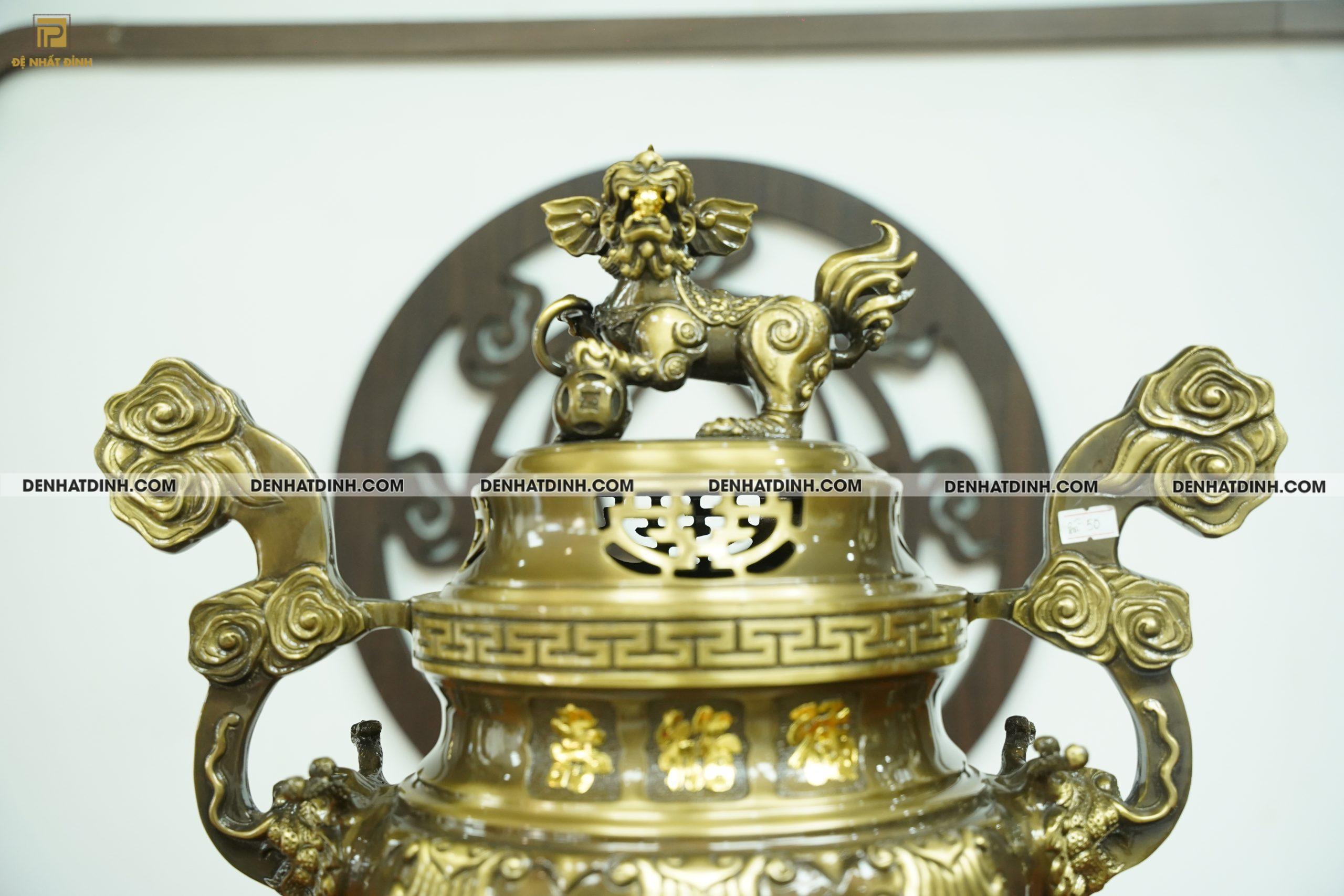 Bộ đỉnh đồng Tam sự gồm đỉnh đồng hoa sòi và chân nến màu hun cổ cao từ 40cm - 70cm - Ảnh 2