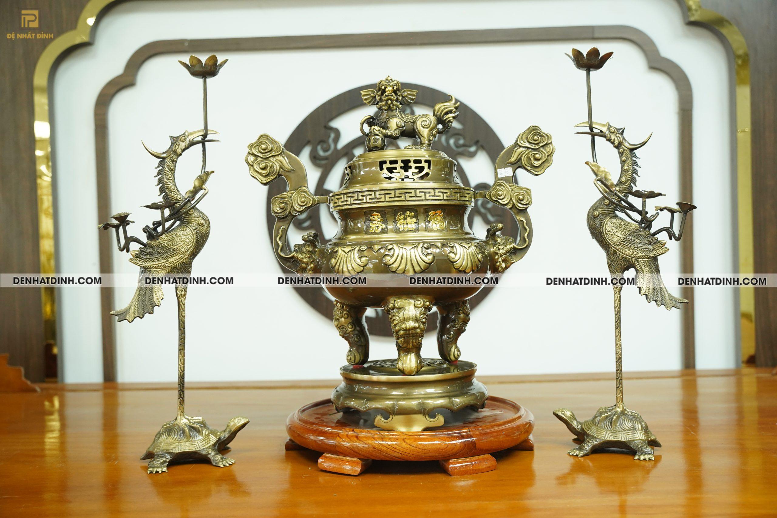 Bộ đỉnh đồng Tam sự hạc Hoa Sòi màu hun cổ đầy đủ kích thước