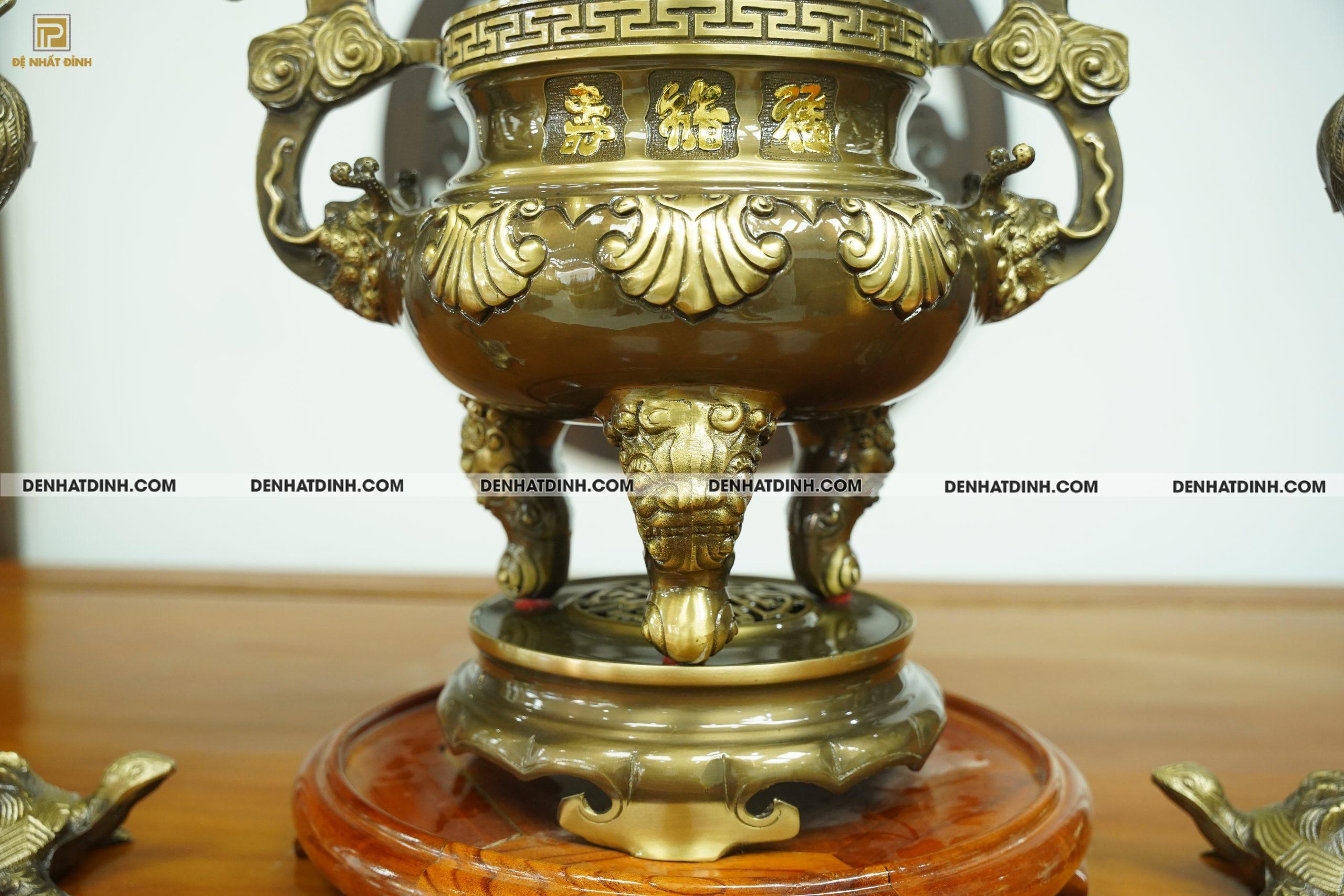 Bộ đỉnh đồng Tam sự hạc Hoa Sòi màu hun cổ đầy đủ kích thước - Ảnh 7