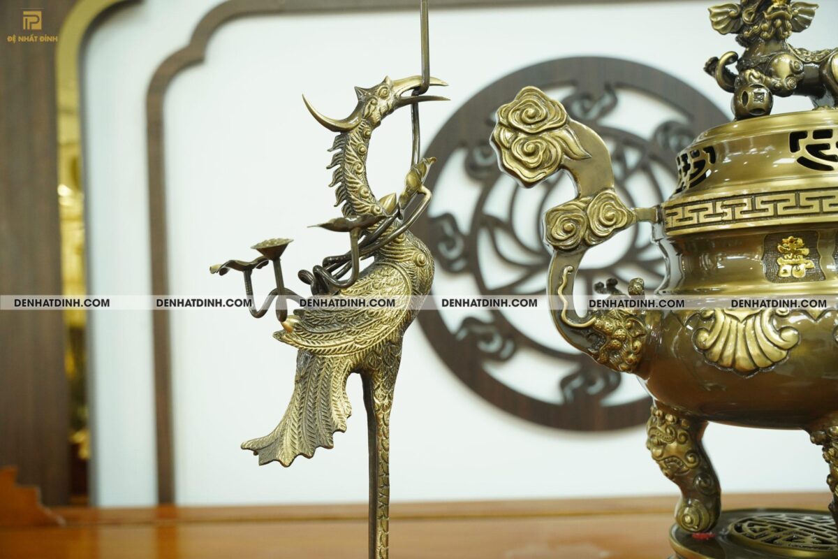 Bộ đỉnh đồng Tam sự hạc Hoa Sòi màu hun cổ đầy đủ kích thước - Ảnh 2