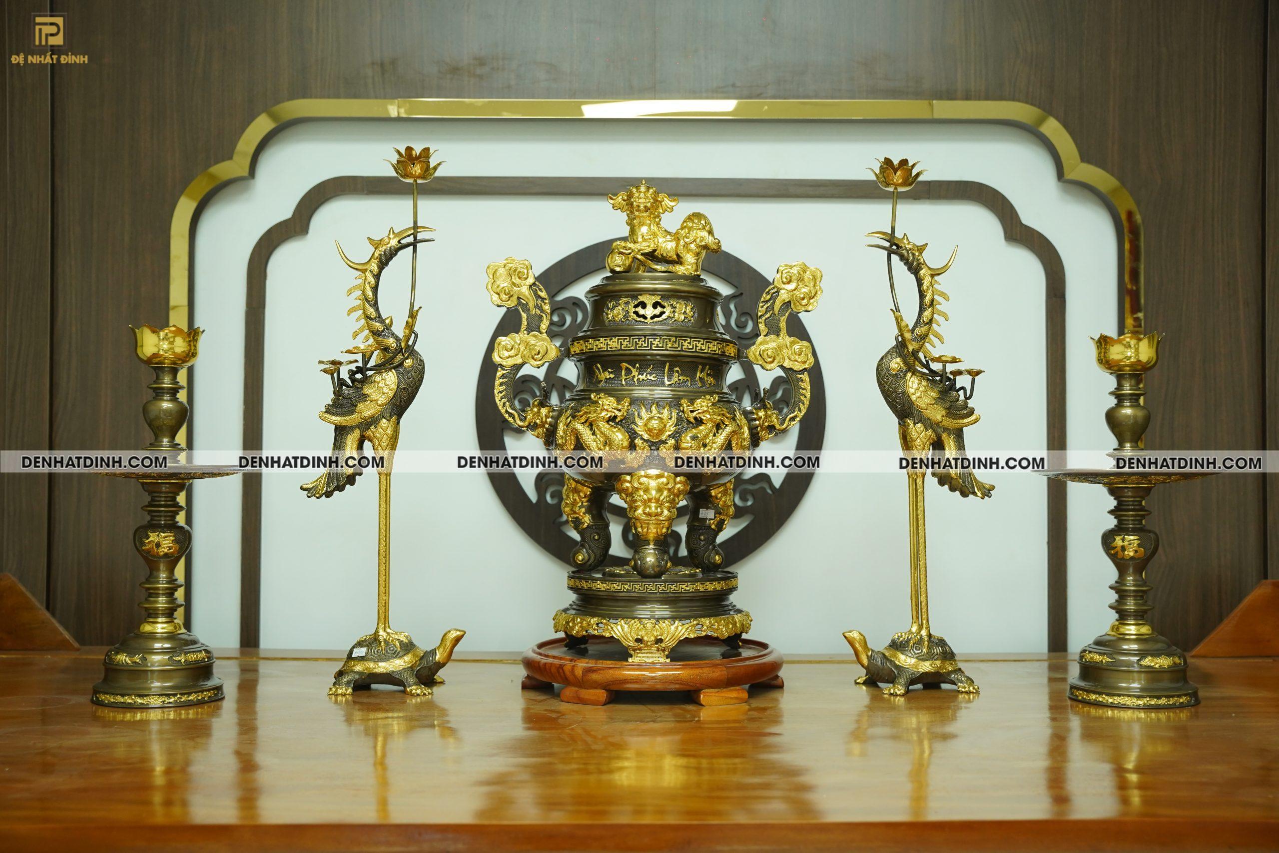 Bộ đỉnh đồng ngũ sự dát vàng điểm cao 65cm 36kg - Ảnh 2