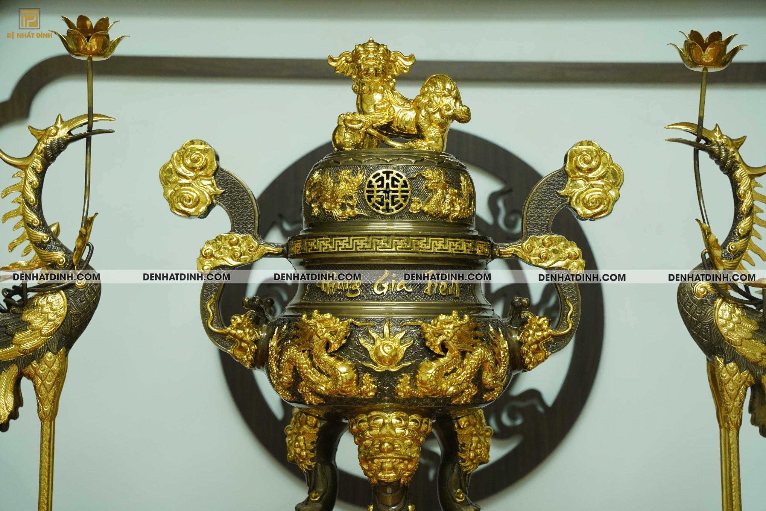 Bộ đỉnh đồng ngũ sự dát vàng điểm cao 65cm 36kg - Ảnh 6