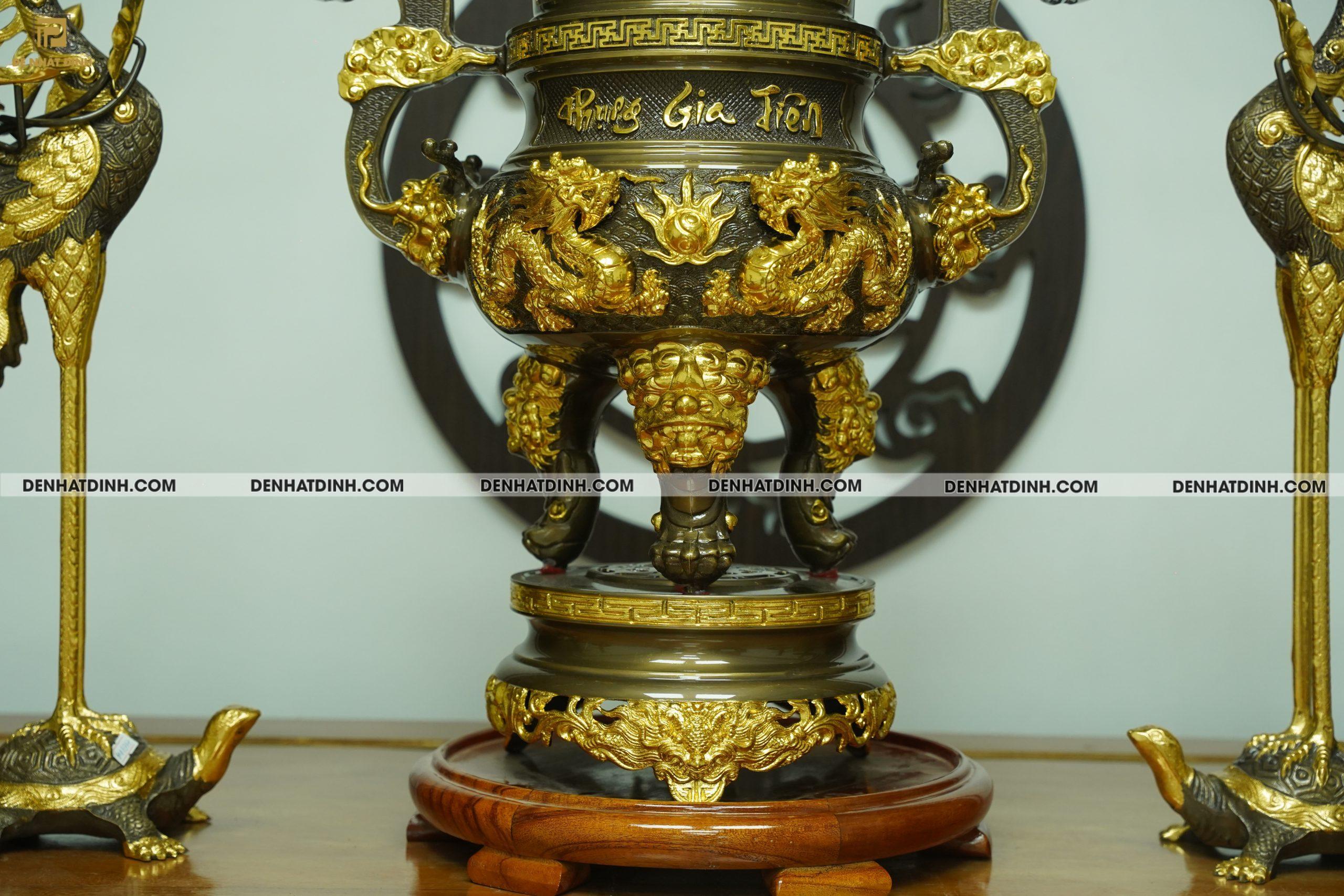 Bộ đỉnh đồng ngũ sự dát vàng điểm cao 65cm 36kg - Ảnh 7