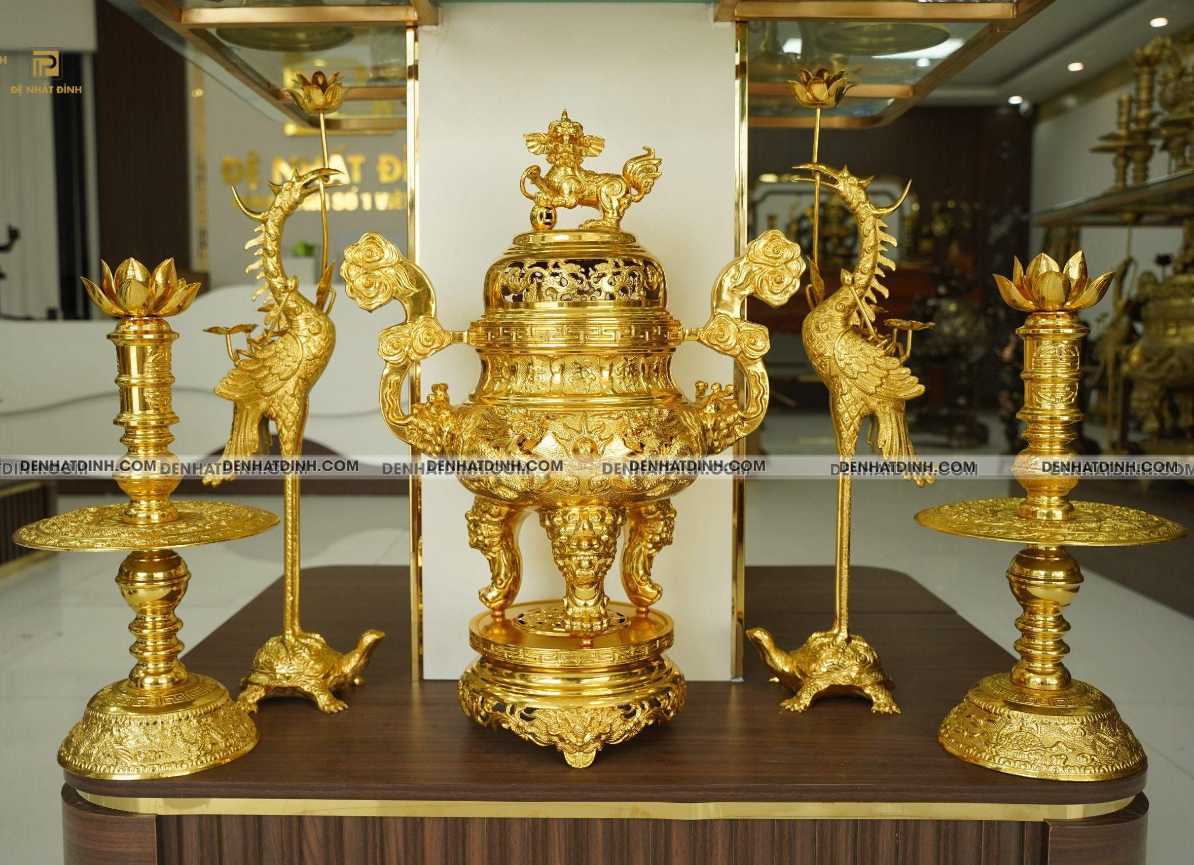 Bộ đỉnh đồng ngũ sự dát vàng 24K khắc 5 chữ Hán Phúc Lộc Thọ Khang Ninh - Ảnh 6