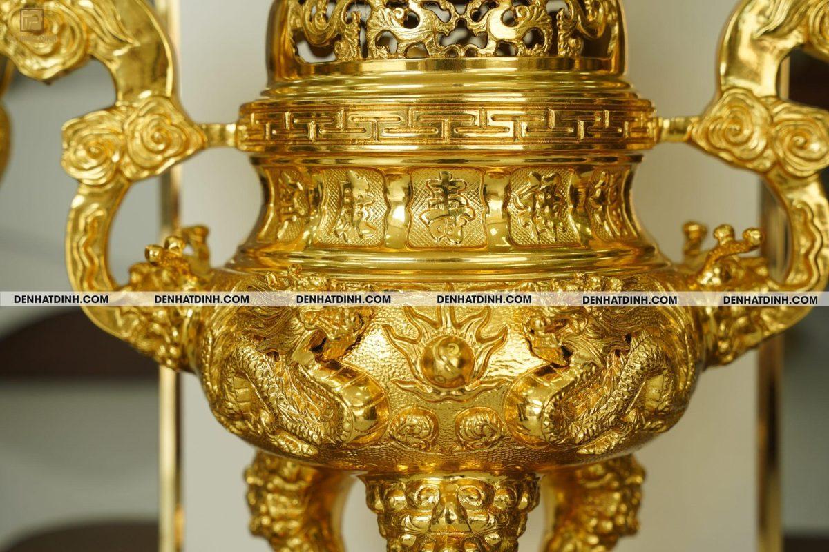 Bộ đỉnh đồng ngũ sự dát vàng 24K khắc 5 chữ Hán Phúc Lộc Thọ Khang Ninh - Ảnh 2