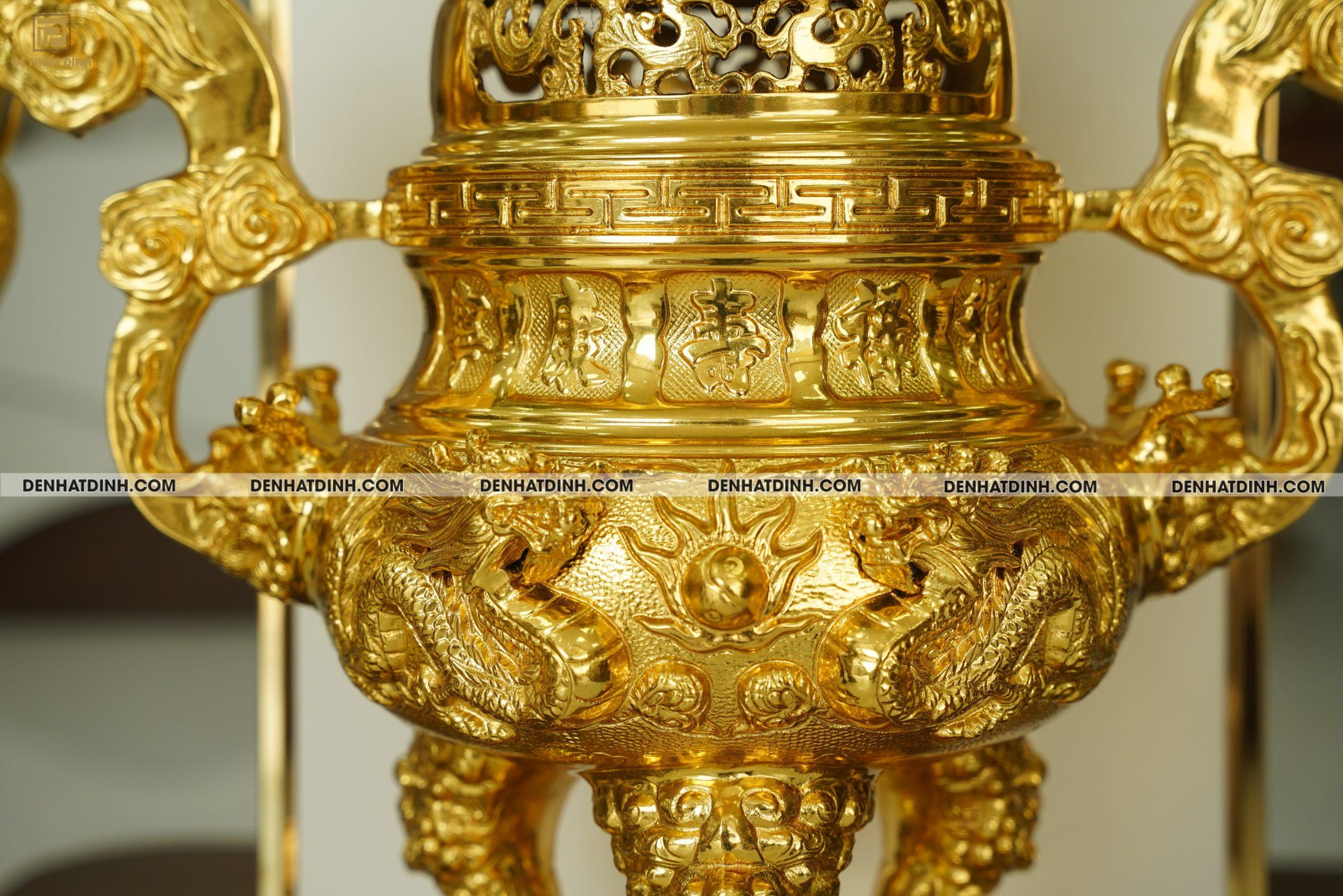 Bộ đỉnh đồng ngũ sự dát vàng 24K khắc 5 chữ Hán Phúc Lộc Thọ Khang Ninh - Ảnh 2