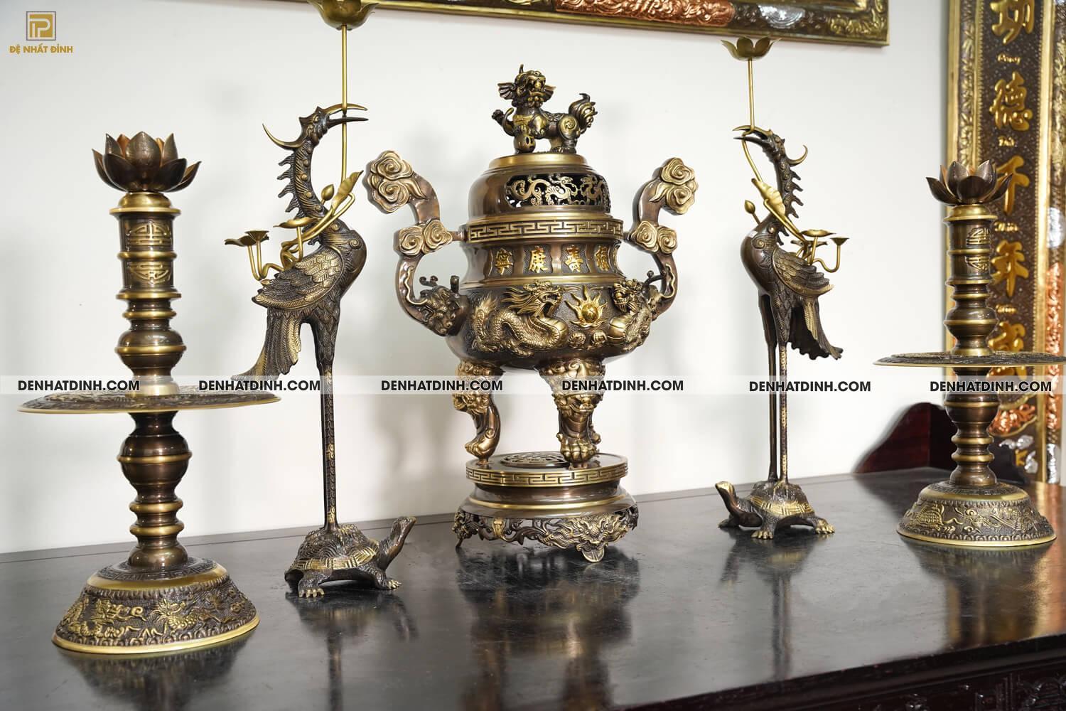 Bộ đỉnh thờ Ngũ Sự Song Long 5 chữ Hán màu công nghệ - Ảnh 2