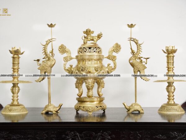 Bộ Đỉnh Đồng Ngũ Sự Song Long 5 chữ Phúc Lộc Thọ Khang Ninh Màu Vàng Đồng Catut Nguyên Bản