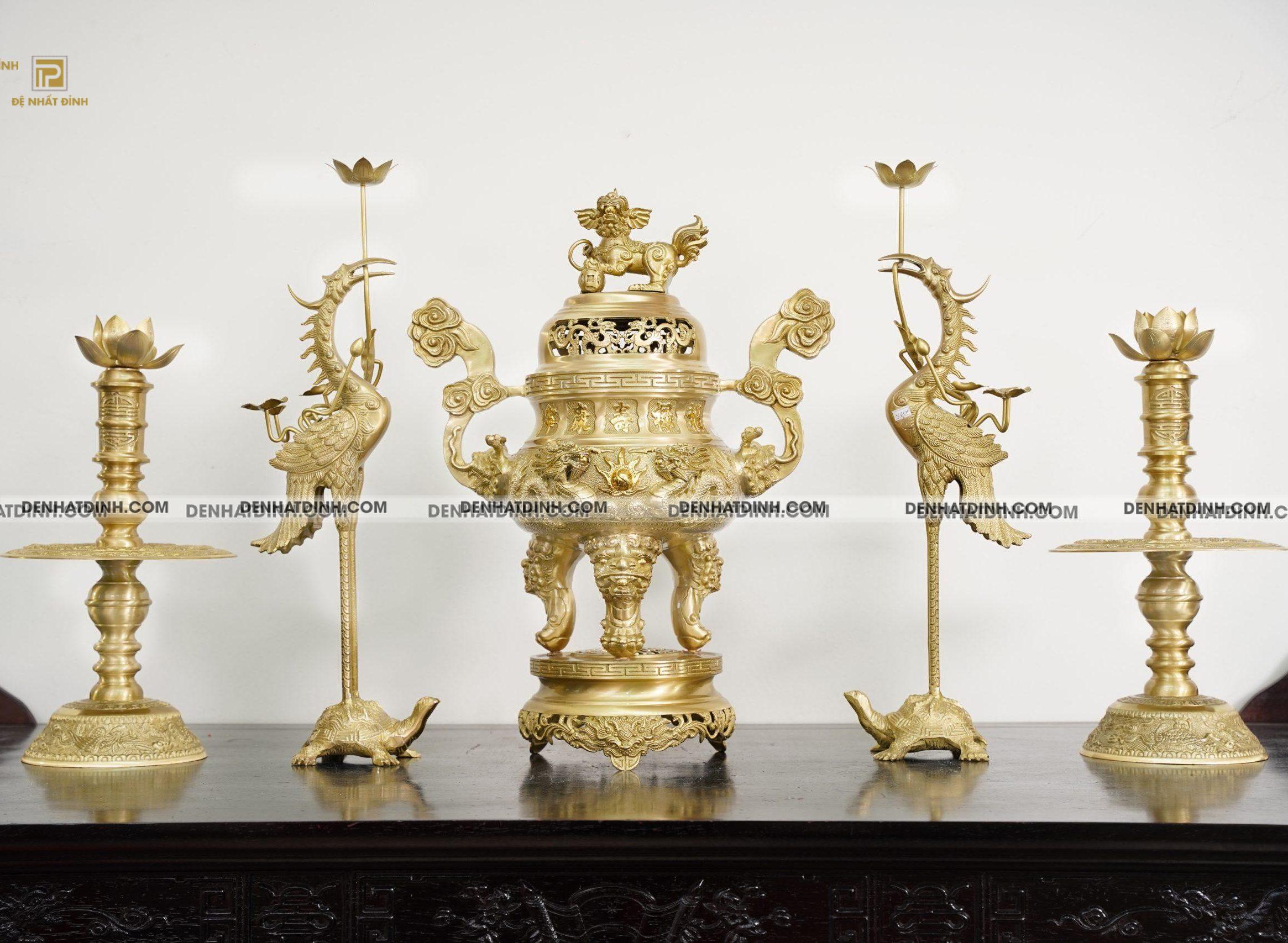 Bộ Đỉnh Đồng Ngũ Sự Song Long 5 chữ Phúc Lộc Thọ Khang Ninh Màu Vàng Đồng Catut Nguyên Bản