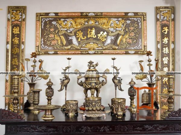 Bộ đồ thờ bằng đồng đầy đủ gồm đỉnh ngũ sự Song Long 65cm mẫu 3 CN kèm đầy đủ phụ kiện
