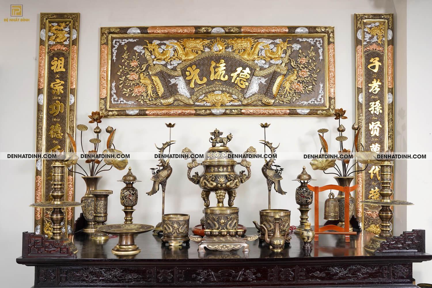 Bộ đồ thờ bằng đồng đầy đủ gồm đỉnh ngũ sự Song Long 65cm mẫu 3 CN kèm đầy đủ phụ kiện