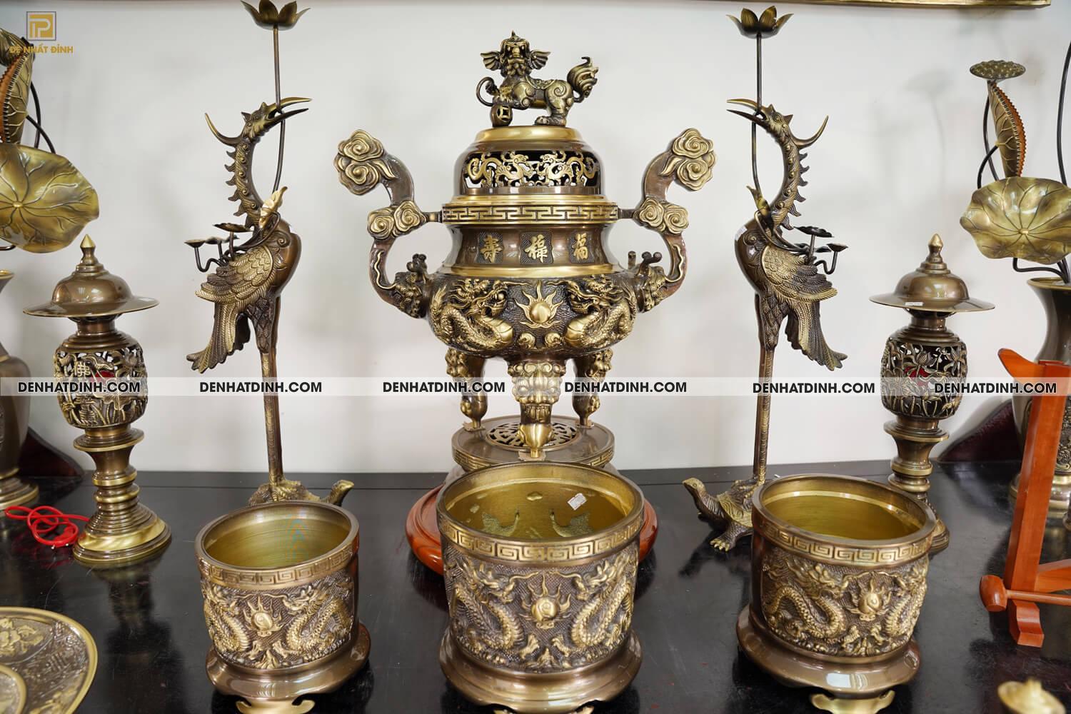 Bộ đồ thờ bằng đồng đầy đủ gồm đỉnh ngũ sự Song Long 65cm mẫu 3 CN kèm đầy đủ phụ kiện - Ảnh 18