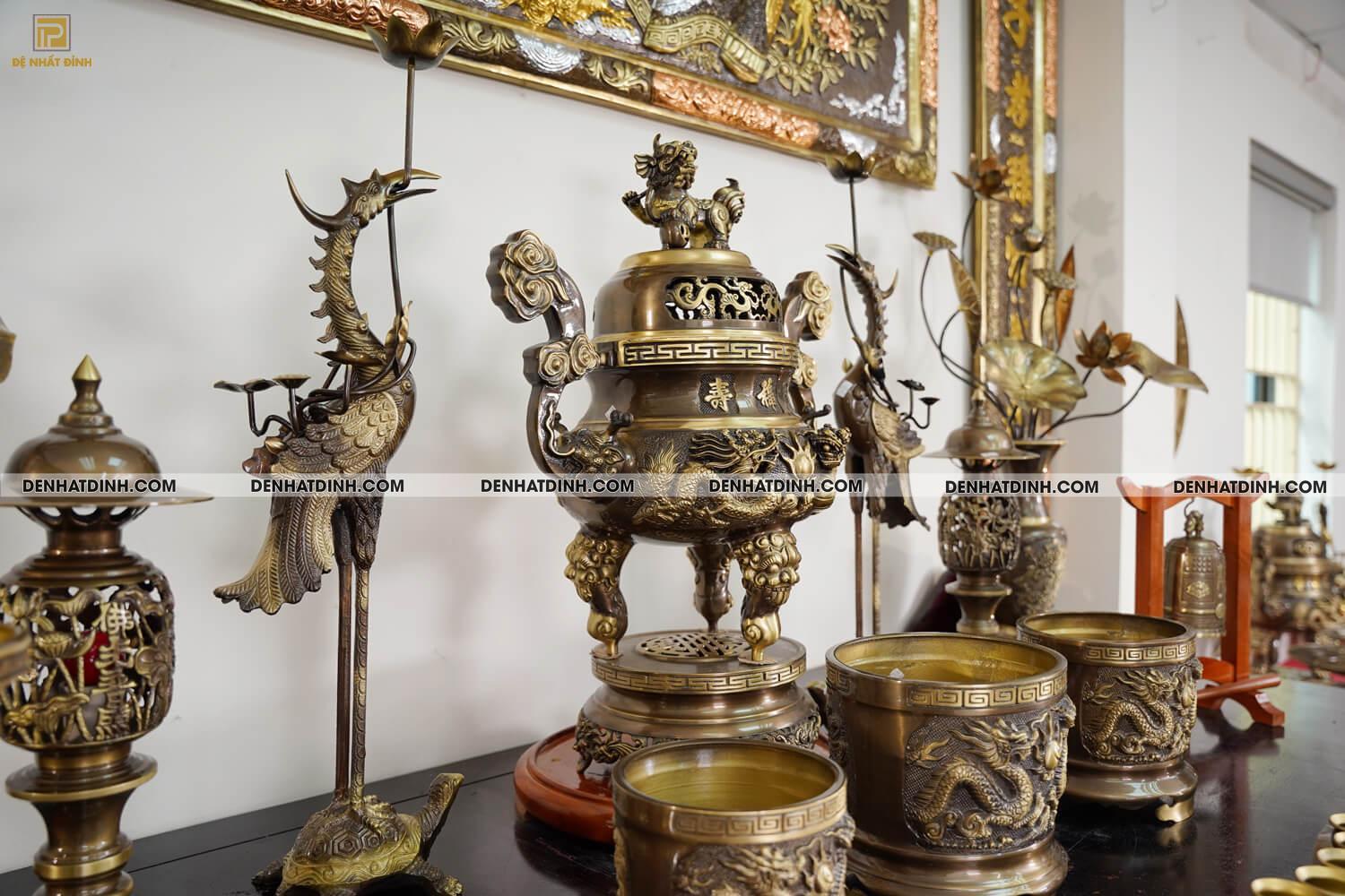 Bộ đồ thờ bằng đồng đầy đủ gồm đỉnh ngũ sự Song Long 65cm mẫu 3 CN kèm đầy đủ phụ kiện - Ảnh 16
