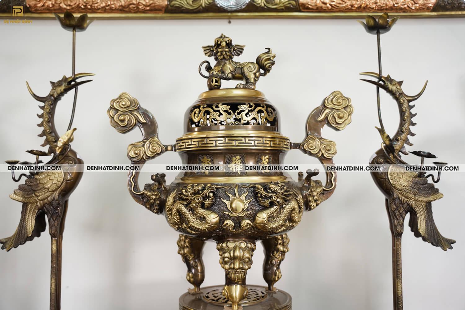 Bộ đồ thờ bằng đồng đầy đủ gồm đỉnh ngũ sự Song Long 65cm mẫu 3 CN kèm đầy đủ phụ kiện - Ảnh 15