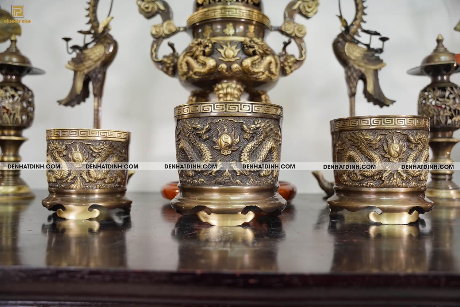 Bộ đồ thờ bằng đồng đầy đủ gồm đỉnh ngũ sự Song Long 65cm mẫu 3 CN kèm đầy đủ phụ kiện - Ảnh 12