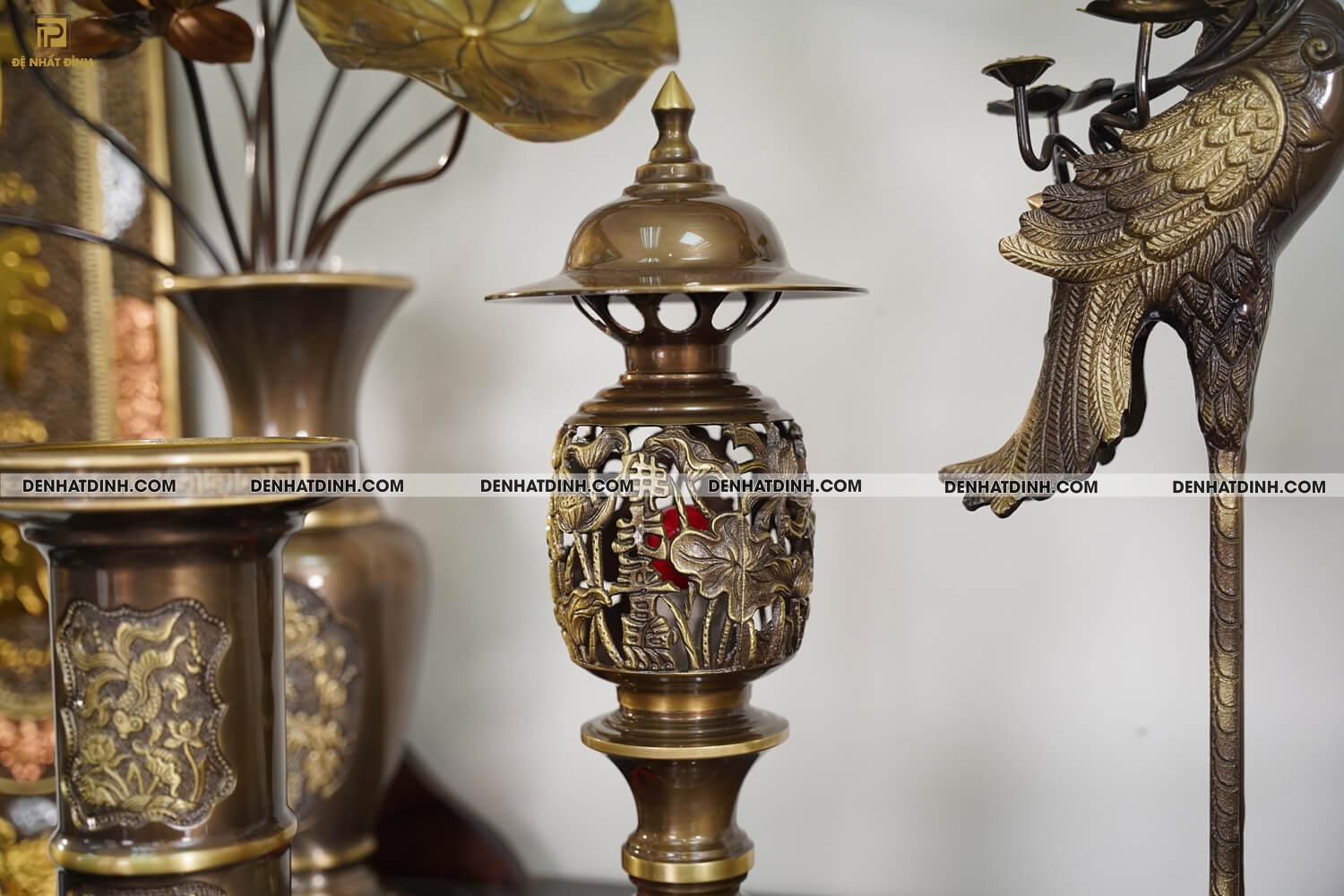 Bộ đồ thờ bằng đồng đầy đủ gồm đỉnh ngũ sự Song Long 65cm mẫu 3 CN kèm đầy đủ phụ kiện - Ảnh 10