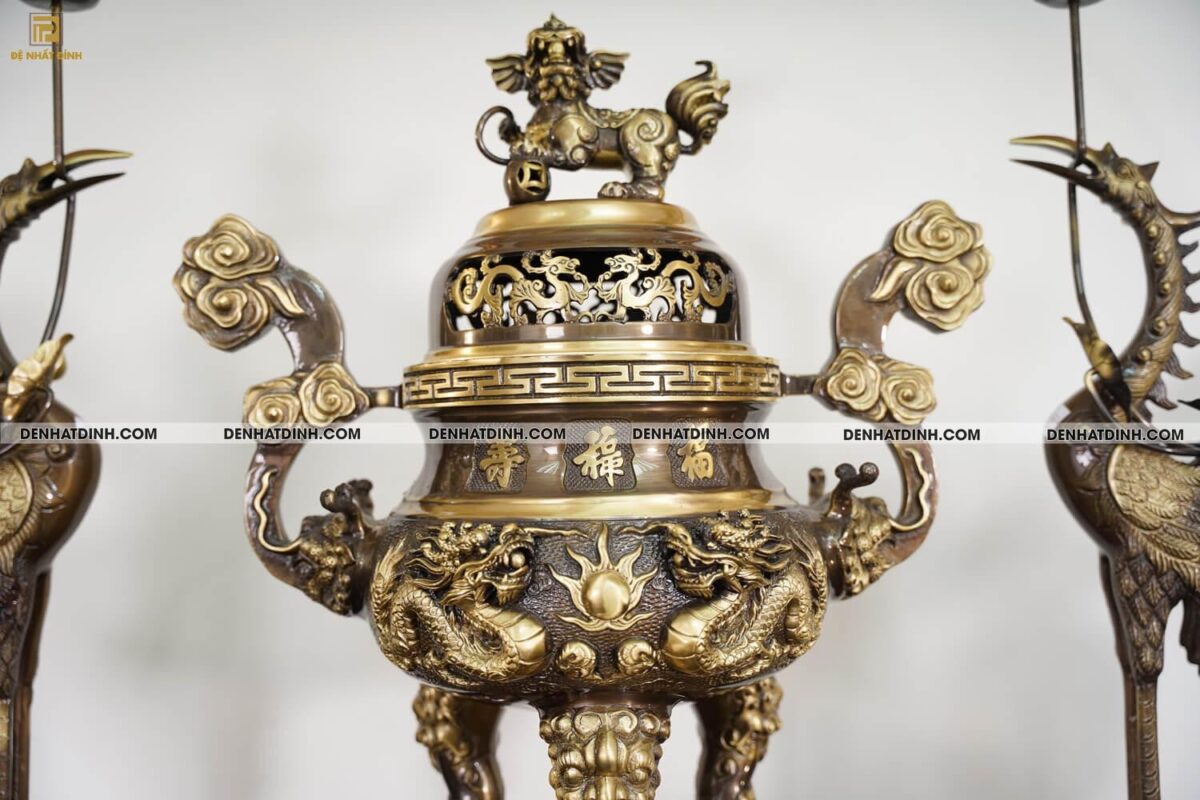 Bộ đồ thờ bằng đồng đầy đủ gồm đỉnh ngũ sự Song Long 65cm mẫu 3 CN kèm đầy đủ phụ kiện - Ảnh 8