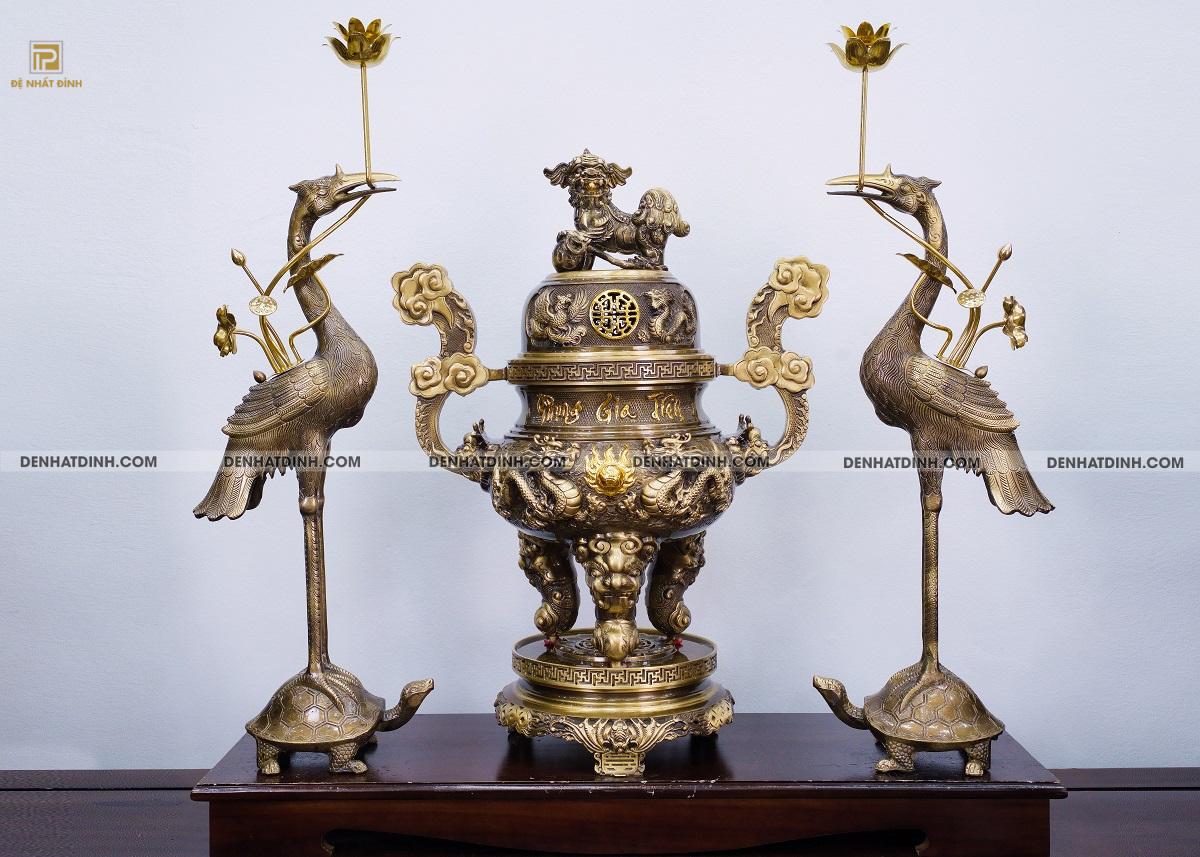 Bộ ngũ sự Phụng Gia Tiên Tứ Linh màu hun cổ kèm phụ kiện - Ảnh 8