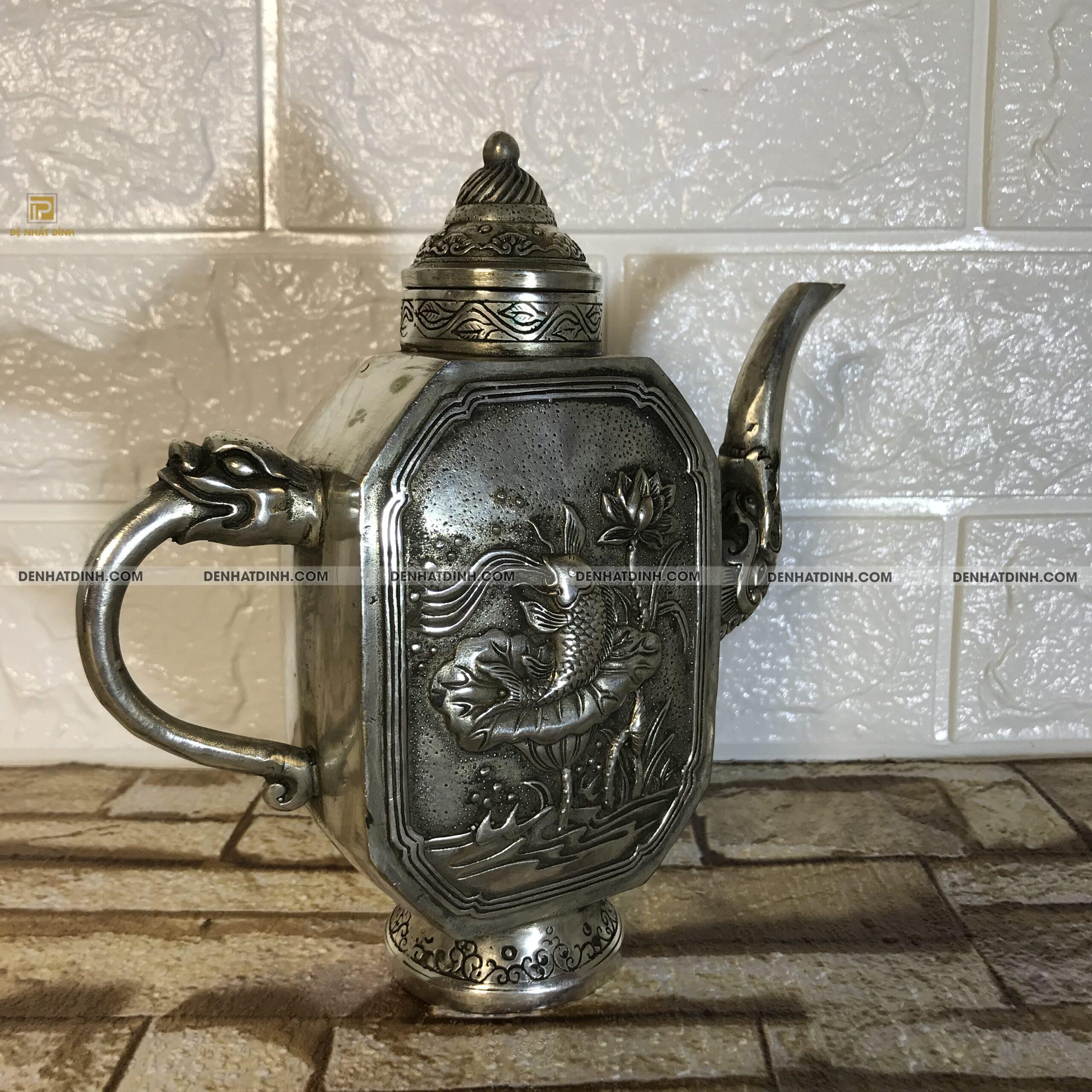 Ấm trà bằng đồng chạm cá chép hoa sen - Ảnh 8