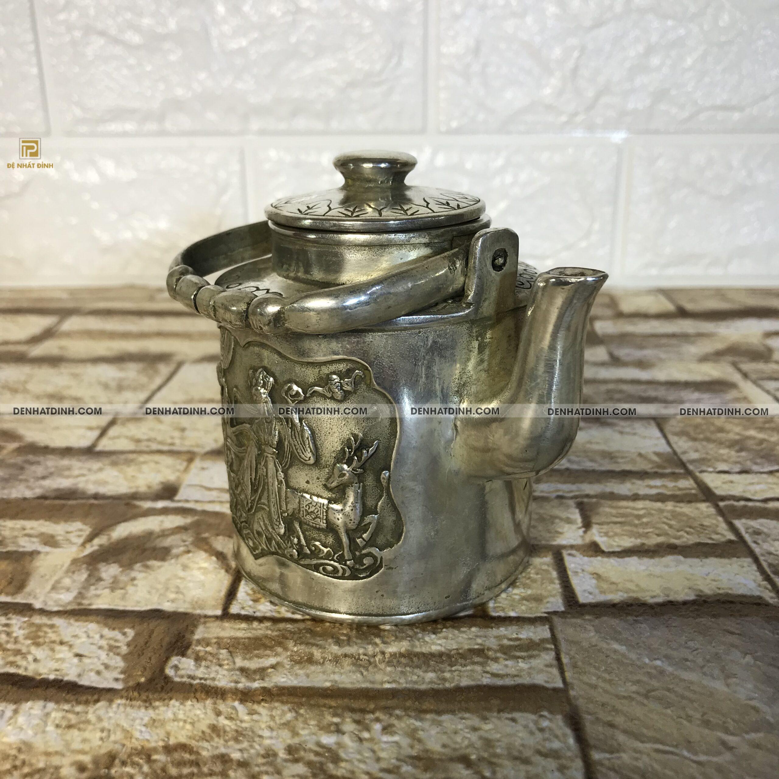 Ấm trà cổ bằng đồng khắc tích cổ - Ảnh 3
