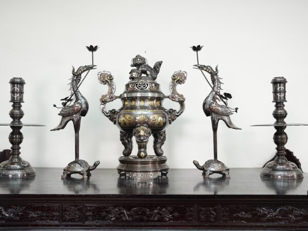 Bộ ngũ sự song long bằng đồng đỏ cao 70cm khảm ngũ sắc - NSSL70NS