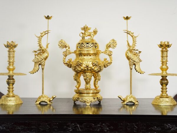 Bộ đỉnh đồng ngũ sự song long 66cm ( 5 chữ Hán ) dát vàng toàn bộ