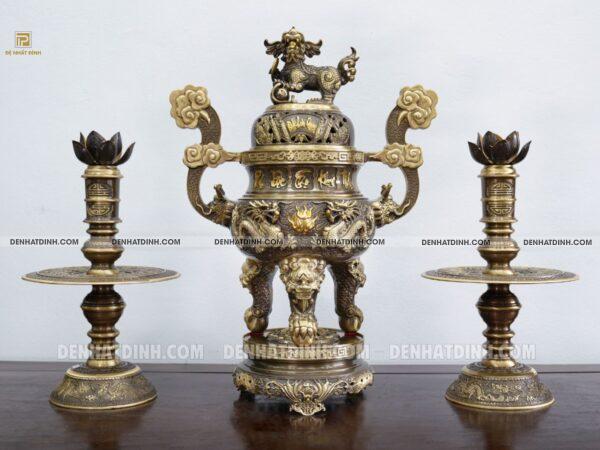 Bộ Đỉnh Cuốn Thư Tam Sự Nến Phúc Lộc Thọ Khang Ninh Màu Hun Cổ